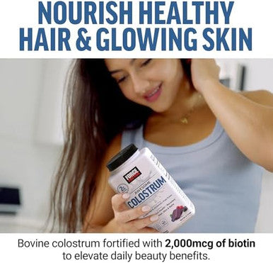 Force Factor Awesome Colostrum Support Gut & Immune Health Recovery Hair Skin & Nails Bovine Colostrum Supplement With Biotin Grassfed Antibiotic Berries & Cream 60 Soft Chews