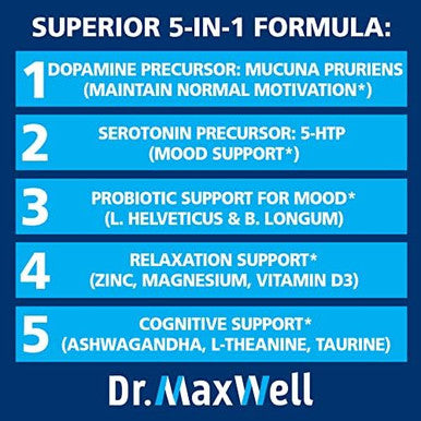 Dr. Maxwell Serotonin And Dopamine Supplements With Mood Probiotic 5In1 Support For (1) Dopamine (2) Serotonin (3) Mood (4) Relaxation (5) Focus & Brain 60 Capsules