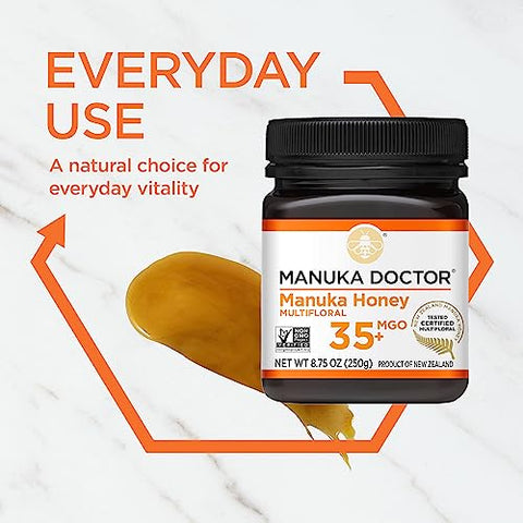 Manuka Doctor - MGO 35+ Manuka Honey Multifloral, 100% Pure New Zealand Honey. Certified. Guaranteed. Raw. Non-GMO (8.75oz)