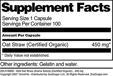 Terravita Wild Oat Straw (Avena Sativa) (Certified Organic) - 450 Mg (100 Capsules, Zin: 518609)