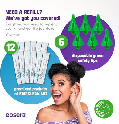 Earwax Md Eosera Wax Blaster Md - Ear Wax Cleaning System - Complete Earwax Irrigation Kit For Stubborn And Routine Cleaning - Refill Pack - 12 Ear Clean Md Packets & 6 Wax Blaster Md Safety Tips