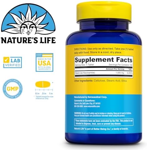 Nature's Life Energizing Niacinamide Vitamin B3 1000mg High Potency No Flush Niacin Supplement Nerve Function Energy and Metabolism Support 60Day 100 Servings 100 Tablets