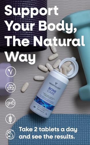 VEGETOLOGY Bone Care Bone Health Supplements Phytodroitin Glucosamine Vitamin D3 K2 and Calcium Supplement Cartilage Muscle and Joint Support Supplement Vegan Bone Strength (60 Count)