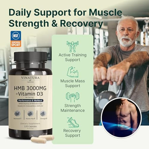 VINATURA HMB 3000mg and Vitamin D3 Supplement Muscle Defense with HMB (BetaHydroxy BetaMethylbutyrate) Vitamin D3 (1600 IU) Labs Tested and NSF Certified for Sport 120 Capsules