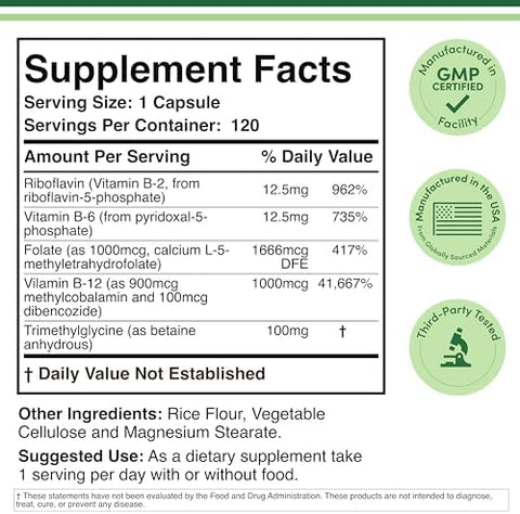 Methylated Multivitamin (Methylated and Activated Vitamins Only Methylated B Complex with Trimethylglycine (TMG) and Methylfolate)(NonGMO Gluten Free MTHFR Supplement) 120 Capsules by Double Wood
