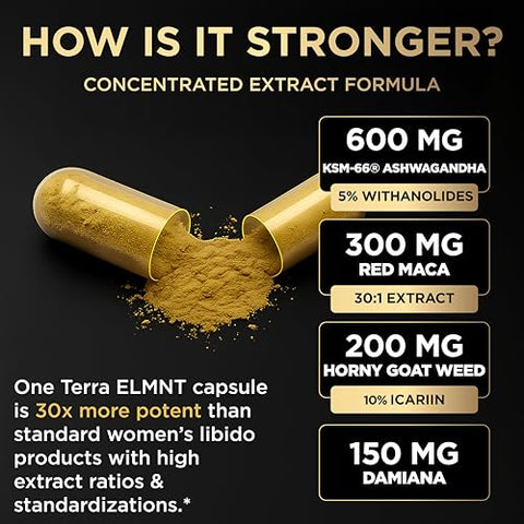 Terra Elmnt 1450Mg Libido Booster For Women W. 30X Strength Red Maca Root Ksm66 Ashwagandha Horny Goat Weed & Damiana - Pure Peruvian Red Maca Root Capsules Powerful Aphrodisiac & Testosterone For Women