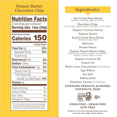 Simple Mills Almond Flour Snack Bars, Peanut Butter Chocolate Chip - Gluten Free, Made with Organic Coconut Oil, Breakfast Bars, Healthy Snacks, 6 Ounce (Pack of 2)