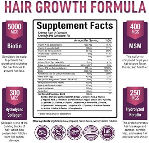 Purely Optimal Hair Growth Vitamins Supports Thicker Stronger Hair Growth Healthy Skin and Nails Biotin Collagen Keratin EasytoTake Unflavored 60 Capsules