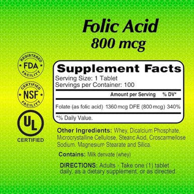 Alfa Vitamins Folic Acid 800 Mcg Dietary Supplement Natural Folate Helps Supports Cardiovascular Health Metabolism Brain & Proper Development Of Fetus During Pregnancy 100 Tablets
