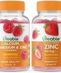Lifeable Calcium Magnesium Zinc & Vitamin D + Zinc 50Mg Gummies Bundle Great Tasting Vitamin Supplement Gluten Gmo Chewable