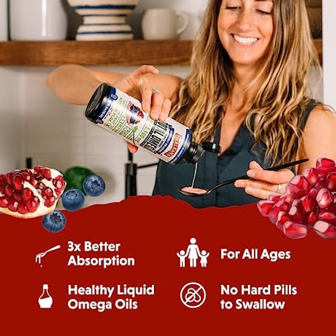 Barlean'S Liquid Flaxseed Borage And Algae Oils Omega 3 Supplement Pomegranate Blueberry Flavor Vegan Epa And Dha Flax And Borage Seed Oil With 3980 Mg Of Omega-3-6-9 16 Oz