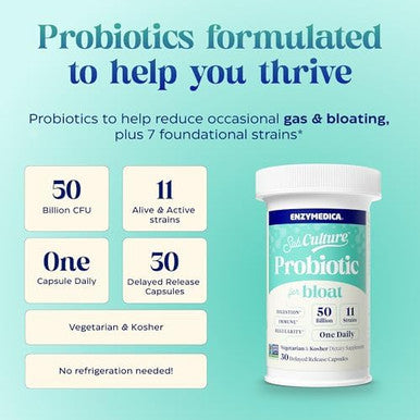 Enzymedica Subculture Probiotics For Gas & Bloating 50 Billion Cfu Supports Immune & Digestive Health Regularity & Gut Flora 30 Count