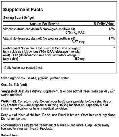 Swanson Cod Liver Oil - Wellness Supplement Promoting Bone Skin Health Vision Support & Immune System Function w/High Absorption Vitamin A - (180 Softgels 350mg Each)