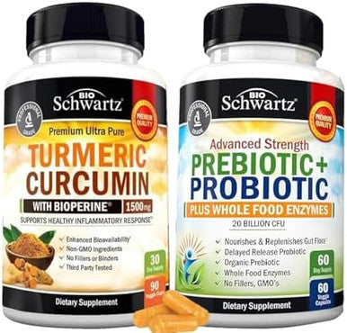 Turmeric Curcumin With Black Pepper Extract 1500Mg Complex (1 Month Supply) Plus Advanced Strength Pre And Probiotics Supplement With Digestive Enzymes (1 Month Supply)