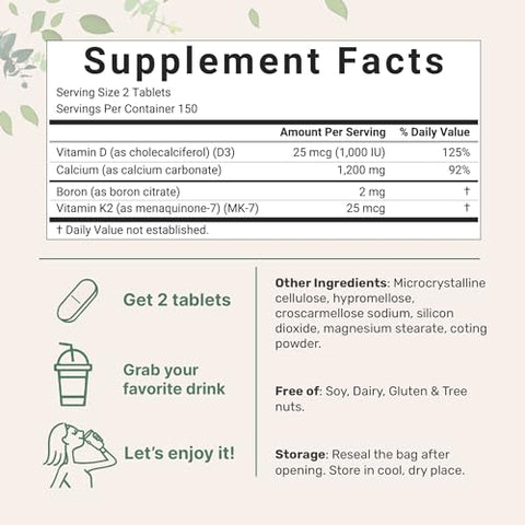Micro Ingredients Calcium 1200Mg With Vitamin D3 & K2 300 Tablets Calcium Supplements For Women & Men Mineral Complex Support Bone Teeth Colon & Cardiovascular Health Non-Gmo Gluten-Free