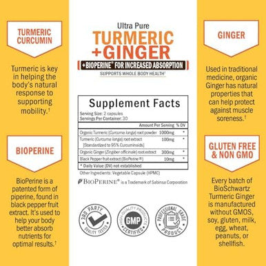 Organic Turmeric Curcumin And Ginger 95% Standardized Curcuminoids With Bioperine Black Pepper Extract For Ultra High Absorption Natural Joint Support Supplement Gluten 60 Capsules