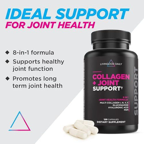 Livingood Daily Collagen + Joint Support Grass Fed Multi Collagen Peptides I Iii V X With Hyaluronic Acid Joint Support Supplement For Women & Men Hair Skin Nails Keto & Gluten 120 Capsules