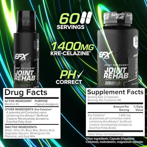 Efx Sports Joint Rehab Recovery Kit Powered By Kre-Celazine For Mobility & Joint Health 120 Capsules Kre-Alkalyn Creatine 2 Oz Topical Cream