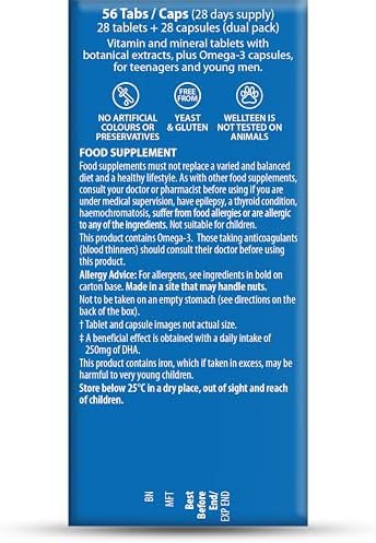 Vitabiotics Wellteen Him Plus Omega3 Maximum Nutritional Support for Teenagers and Young Men Ages 1319 56 Tablets and Capsules