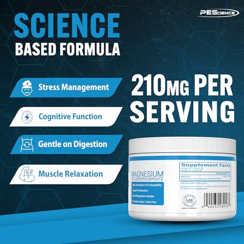 PEScience MagGP Magnesium Glycerophosphate Chelate Powder High Absorption Improved Sleep Calming Stress Relief and Cramp Support for Men and Women 60 Servings