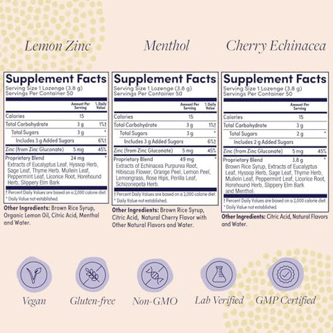 Zand Immunity Variety 3 Pack - Lemon Zinc Menthol And Cherry Ecea Zinc Throat Lozenges - Good-For-You Dry Mouth Lozenges Immune Support Supplement - Natural Flavor Vegan Gluten 50Ct Ea