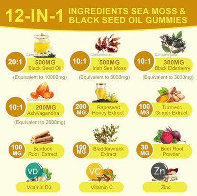 Black Seed Oil & Sea Moss Gummies, Organic Irish Sea Moss Gummies With Ashwagandha, Black Seed Oil, Elderberry, Turmeric, Vitamin D3/C And Zinc - Immune Support, Joints, Digestion, Hair & Skin