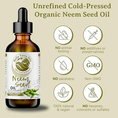 Bella Terra Oils - Organic Neem Seed Oil 4Oz - Immerse In The Benefits Of Organic Neem Enriched With Amino Acids & Omega-6 Nourishing Skin Treat