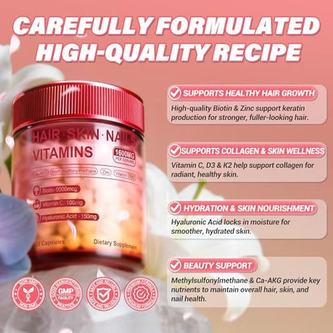 Hair Skin and Nails Vitamins Biotin Hyaluronic Acid Calcium AKG Vitamin C and Vitamin D3 K2 Support Healthy Hair Growth Strong Nails and Radiant Skin 120 Capsules (1 Pack)