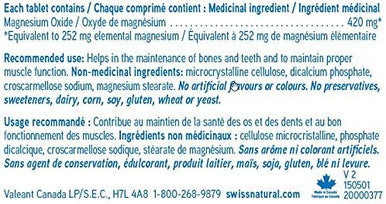 Swiss Natural - Magnesium Oxide 420mg - Helps in the maintenance of bones and teeth, and to maintain proper muscle function. Helps the body to metabolize carbohydrates, fats and proteins - 90 Tablets