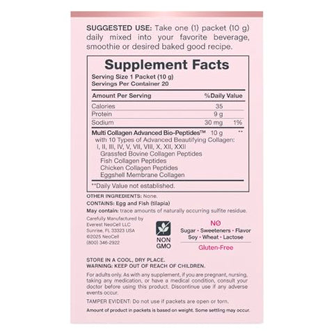 Neocell Multi Collagen Powder 20 Stick Packs Unflavored And Mixes Easily 10 Types Of Advanced Collagen Bio-Peptides Superior Absorption
