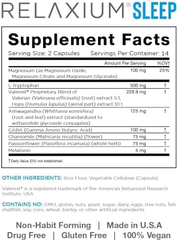 Relaxium Sleep Aid 14Day Supply Nonhabit Forming Dietary Supplement For Better Sleep Drug Stress Relief With Magnesium Melatonin Gaba Chamomile Made In Usa (28 Vegan Capsules)