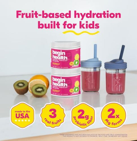 Begin Health Daily Growing Up Magnesium Drink for Kids Real Fruit Magnesium Powder with Electrolytes Prebiotic Fiber Kiwi and Inulin Pink Lemonade Flavor Ages 1+ 56 Servings