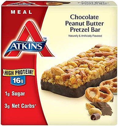 Atkins Endulge Caramel Nut Chew Bar Dessert Favorite 1G Sugar Good Source Of Fiber Low Sugar & Chocolate Peanut Butter Pretzel Protein Meal Bar High Fiber 16G Protein 1G Sugar