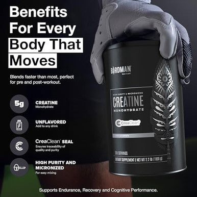 Birdman Micronized Creatine Monohydrate Powder Muscle Recovery Caffeine Free Creatine Pre Workout Vegan Post Workout Gluten Free Sugar Free | 200 Servings (5 Grams Each) 2.2Lb