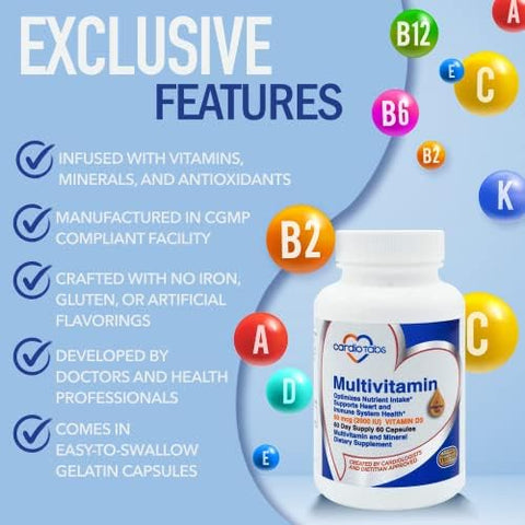 Cardiotabs Multivitamin Heart And Immunity Supplements For Men & Women Multivitamin For Men & Women With Minerals Bvitamin Complex Vitamins A C E K And 2000 Iu Vitamin D3 60Count Bottle