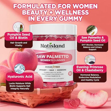 Natisland Saw Palmetto For Women Gummies Organic Saw Palmetto With Pumpkin Seed Oil For Hair Growth Dht Blocker & Urinary Health Sugar Free Vegan Peach Flavor 60 Chewable