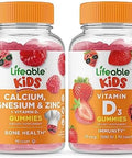 Lifeable Calcium Magnesium & Zinc Kids + Vitamin D Kids Gummies Bundle Great Tasting Vitamin Supplement Gluten Gmo Chewable Gummy