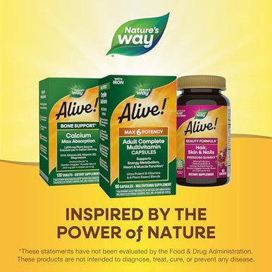 Nature'S Way Alive Max6 Potency Adult Complete Multivitamin, With Iron, Vitamins A, C, E & B-Vitamins Including Methylated B12 & Folate, Supports Energy Metabolism, 90 Capsules (Packaging May Vary)