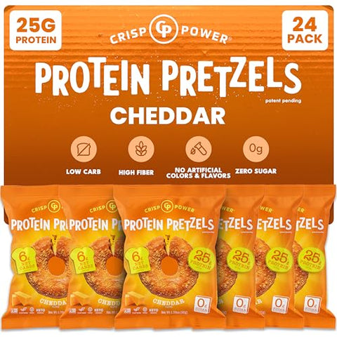 Crisp Power Protein Pretzels Cheddar High Protein Snack 25G Protein Low Carb Crunchy Pretzel Snacks No Added Sugar 1.75 Oz Bags 6 Pack Vegan Plantbased Keto