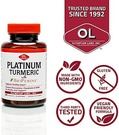 Olympian Labs Platinum Turmeric Formulated With Glucosamine Chrondroitin Msm & Bioperine For Maximum Joint Health 60 Capsules