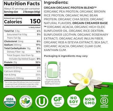 Orgain Organic Vegan Protein Powder Vanilla Bean 21G Plant Based Protein 4G Prebiotic Fiber No Lactose Ingredients No Added Sugar Nongmo For Shakes & Smoothies 1.02 Lb (Packaging May Vary)