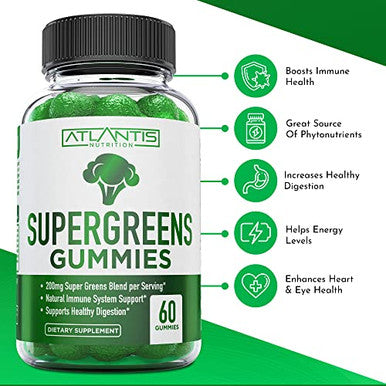 Supergreen, Magnesium & Ashwagandha Gummies - Improves Sleep & Helps Muscle Cramps, Supergreens With Spinach, Broccoli, Beetroot, Green Tea, & Acai For Immune Support - 60 Gummies