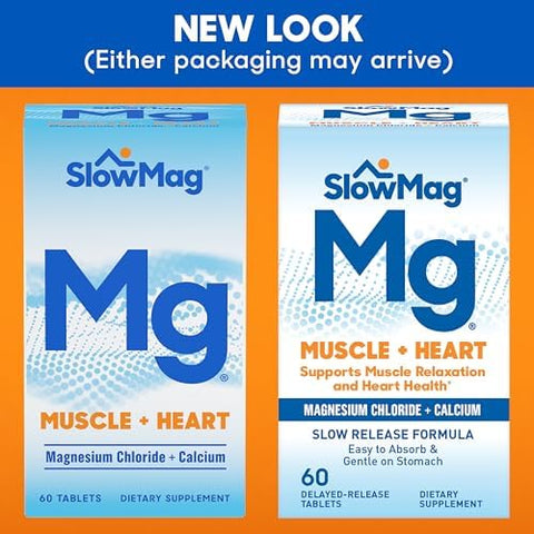 Slowmag Muscle & Heart Magnesium Chloride Supplement With Calcium 60 Count Supports Muscle Relaxation Heart Nerve & Bone Health High Absorption