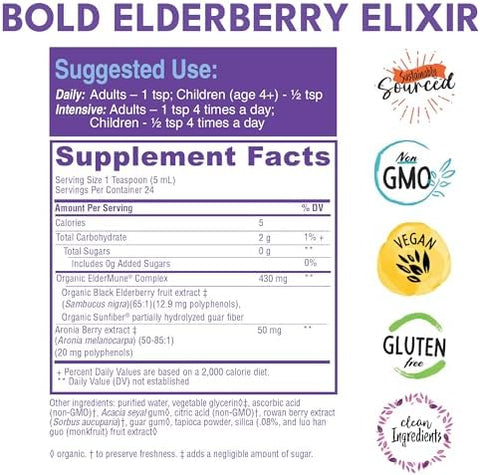 Bold Botanica Elderberry Elixir 65X Concentrated Extract - Sugar- - Kid Friendly - Black Elderberry Syrup With Aronia Berry For Immune Support - 4 Fl. Oz.