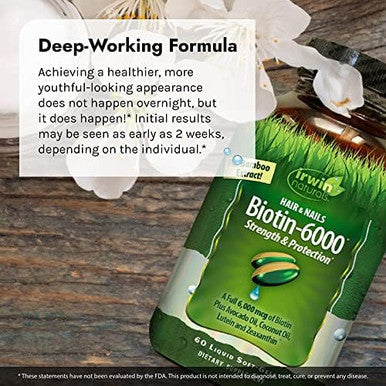 Irwin Naturals Biotin6000 Supports Healthy Skin Hair & Nails 60 Liquid Softgels Strength + Protection With High Potency 6000 Mcg Bamboo Avocado Coconut & More Maximum Absorption
