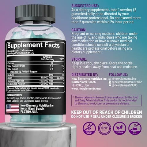 Elements Biotin Gummies With Keratin & Collagen Peptides - Advanced Supplement For Hair Growth Treatment For Men & Women Hair Skin And Nails Vitamins Biotin 10000Mcg Keratin 100000Mcg Collagen 100000Mcg