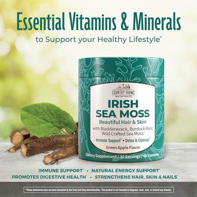 Country Farms Irish Sea Moss Gummies 2000Mg Irish Moss Burdock Root Bladderwrack For Immune Support Promotes Digestive Health Skin And Hair Support Pectin Based Vegan Gluten Green Apple