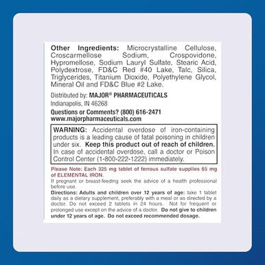 Major Ferosul - Ferrous Sulfate 325Mg Tablets With 65Mg Of Elemental Iron - Iron Supplement For Women, Men - Red - 100 Tablets - Pack Of 1