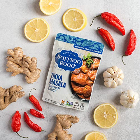 Saffron Road Simmer Sauce Tikka Masala and Coconut Curry - Non-GMO, Gluten-Free, Halal, Kosher, Vegan (7 Ounce (Pack of 8))