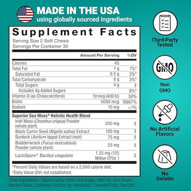 Force Factor Superior Sea Moss Gut Health + Skin Support Support Gut Health & Healthy Skin Hair & Nails Boost Energy & Immune Health With Biotin & Lactospore Probiotics S'Mores 60 Soft Chews